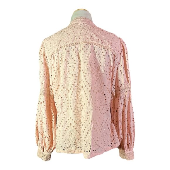 Boston Proper Size L Button-Front Eyelet Lace Blouse Pink - Picture 4 of 8
